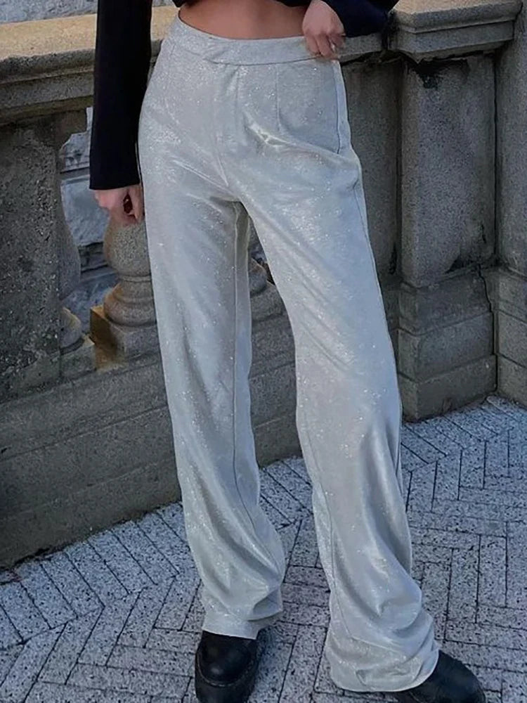 Fantoye Turn-down Collar Sequins Women Blazer Sets Silver Long Sleeve Tops Casual Pants Women Spring Loose Fashion Streetwear Pant