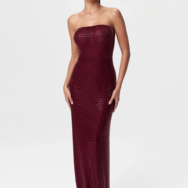 VC Redwine Beaded Strapless Long Maxi Dress For Women Elegant Sleeveless Backless Sparkle Crystals Bodycon Cocktail Evening Gown
