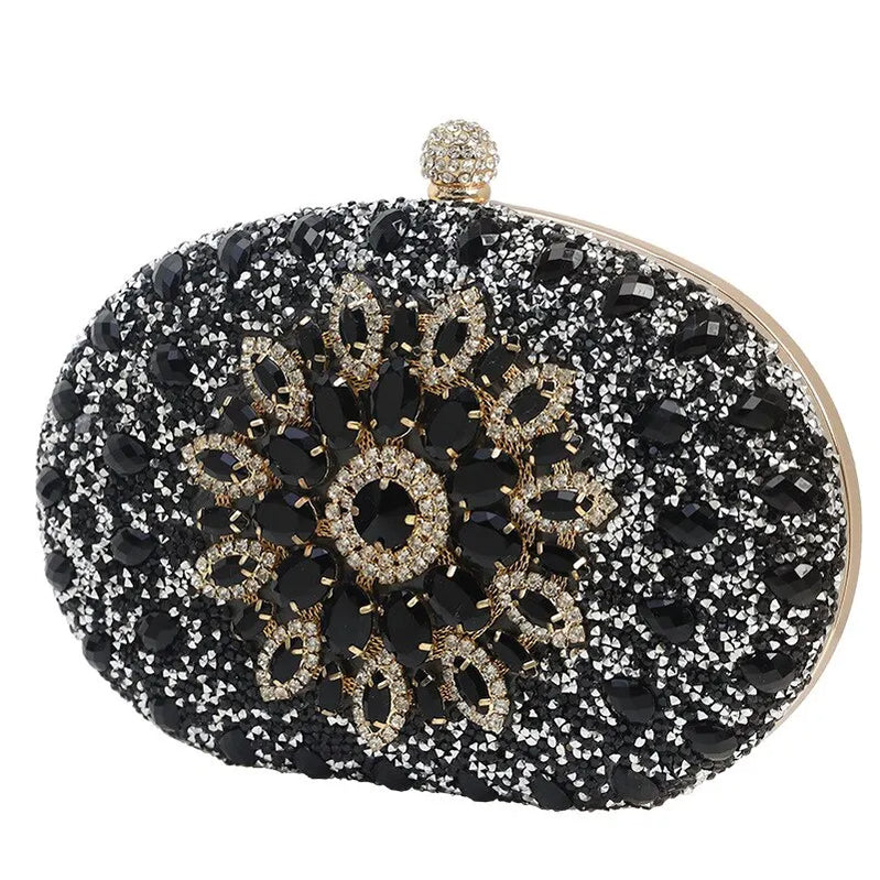 Women Dinner Bag Fashion New Sunflower Inlaid Diamond Banquet Hand Bag Dress Evening Bag Black