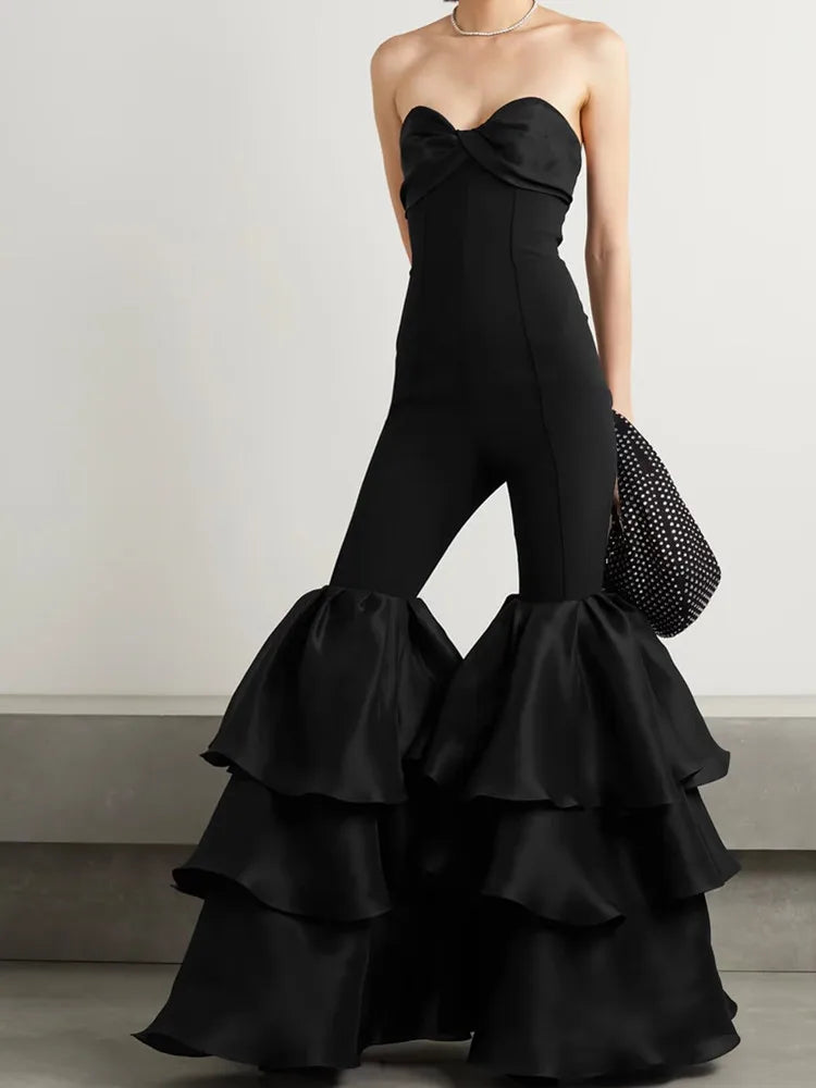 Chic Women Luxury Sexy Strapless Ruffles Bodycon Flare Black Bandage Jumpsuit 2023 Celebrity Designer High Street Rompers