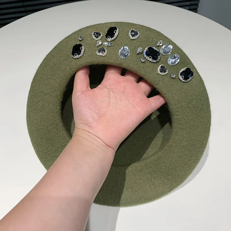 Berets Women Hat Brimless Stretchy Comfortable Rhinestone Y2K Cap Autumn Female Flat Color Cotton 4 56-58cm