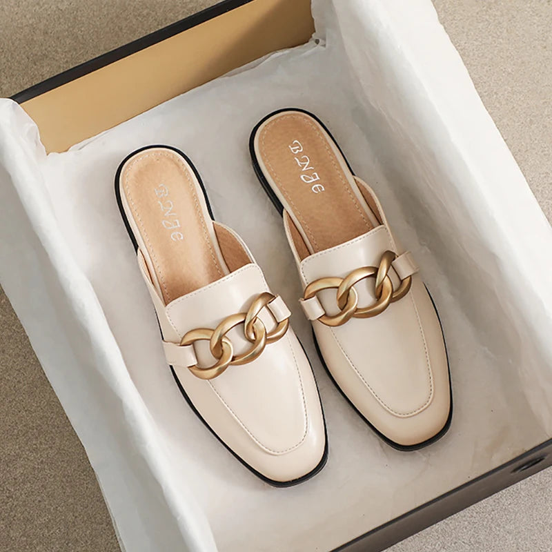 Woman mules fashion design Flat Square Toe Chain Backless Shoes Summer outdoor and indoor office wear White black free delivery
