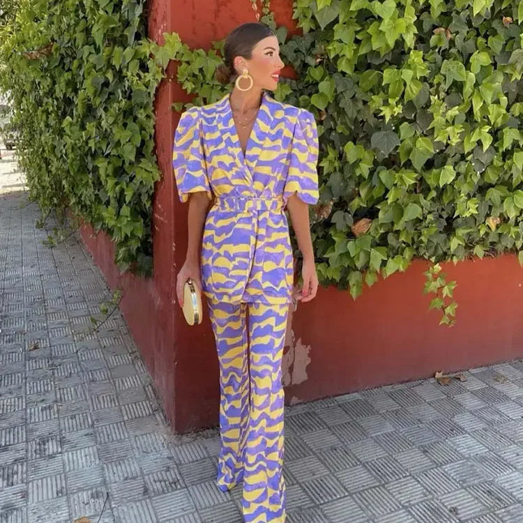 Wave Striped Print Blazer Pants Set For Women Loose Lapel Puff Short Sleeve Coat Suit New Elegant Female High Street Outfit