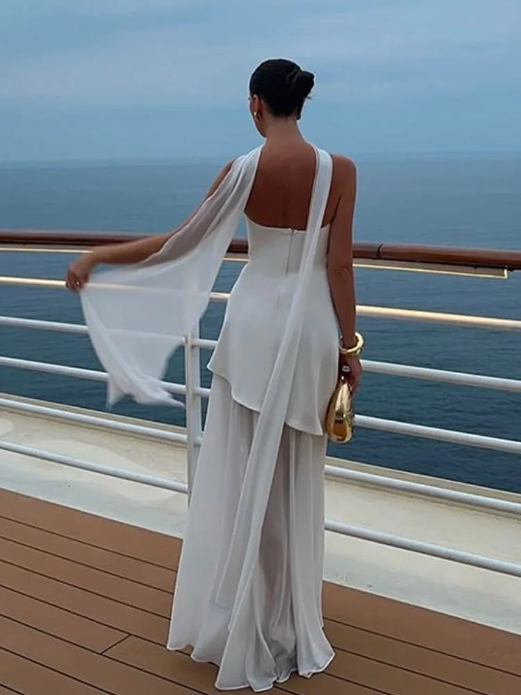 Elegant White Gauze Off Shoulder Long Dress Women Fashion Sleeveless Backless A-line Vestidos 2025 New Lady Vocation Beach Robes