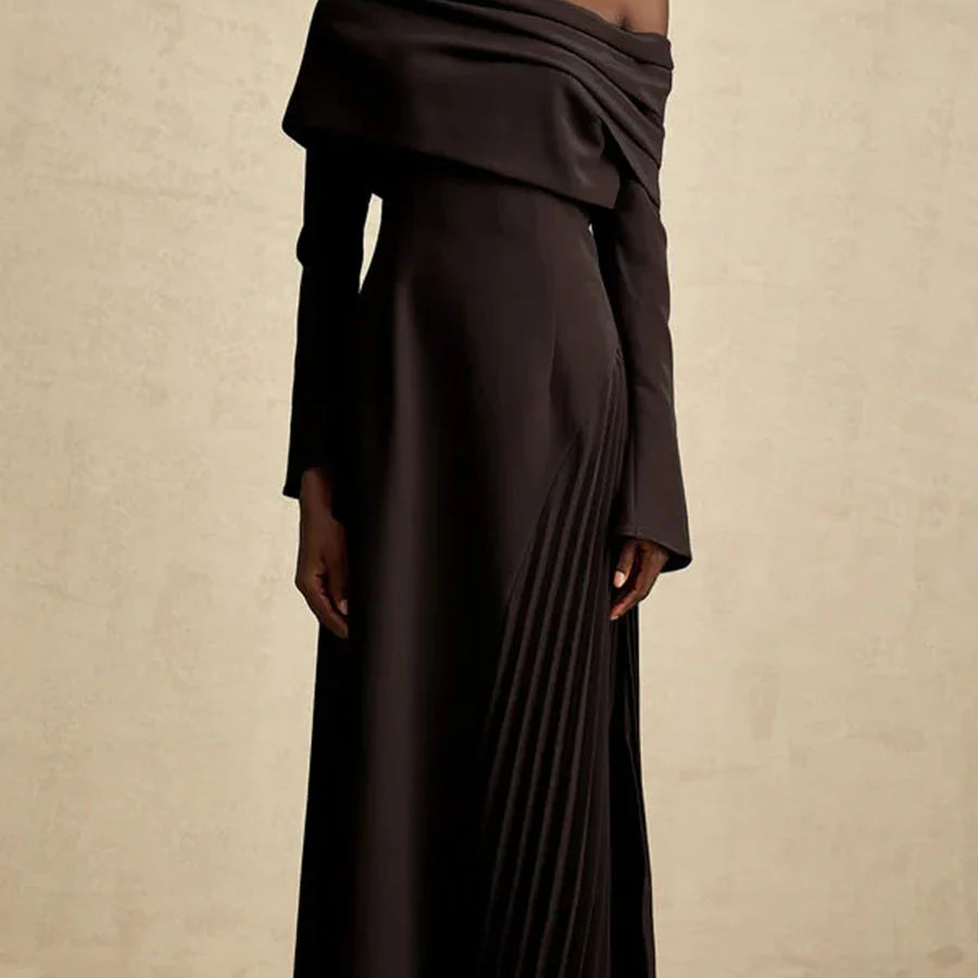 Solid Slimming Temperament Midi Dresses for Women Diagonal Neck Long Sleeves Minimalism Dress Female Clothing New