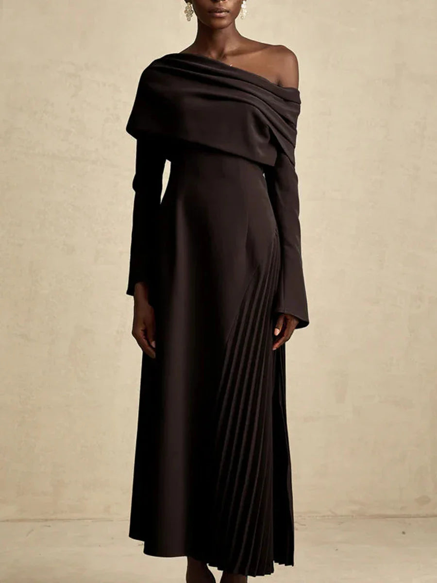 Solid Slimming Temperament Midi Dresses for Women Diagonal Neck Long Sleeves Minimalism Dress Female Clothing New