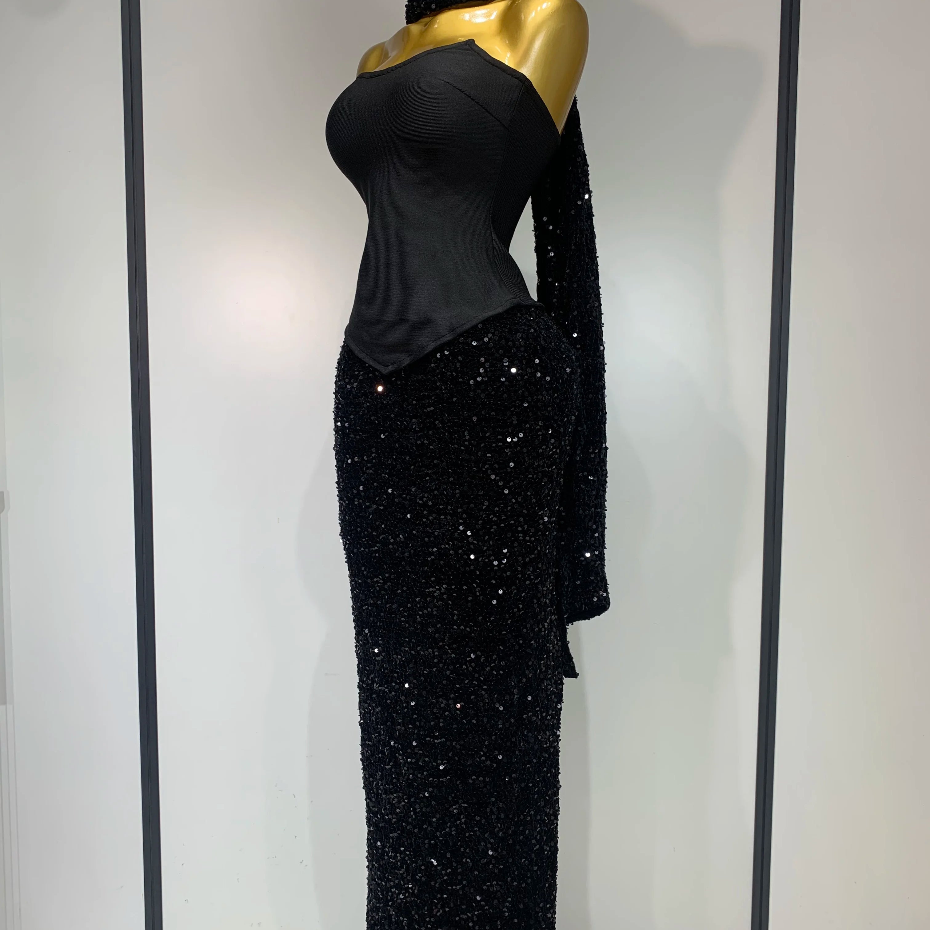 Women Sexy Strapless Sequin Black Maxi Long Bandage Three Piece Set 2025 Knitted Elegant Evening Club Party Birthday Prom Gowns