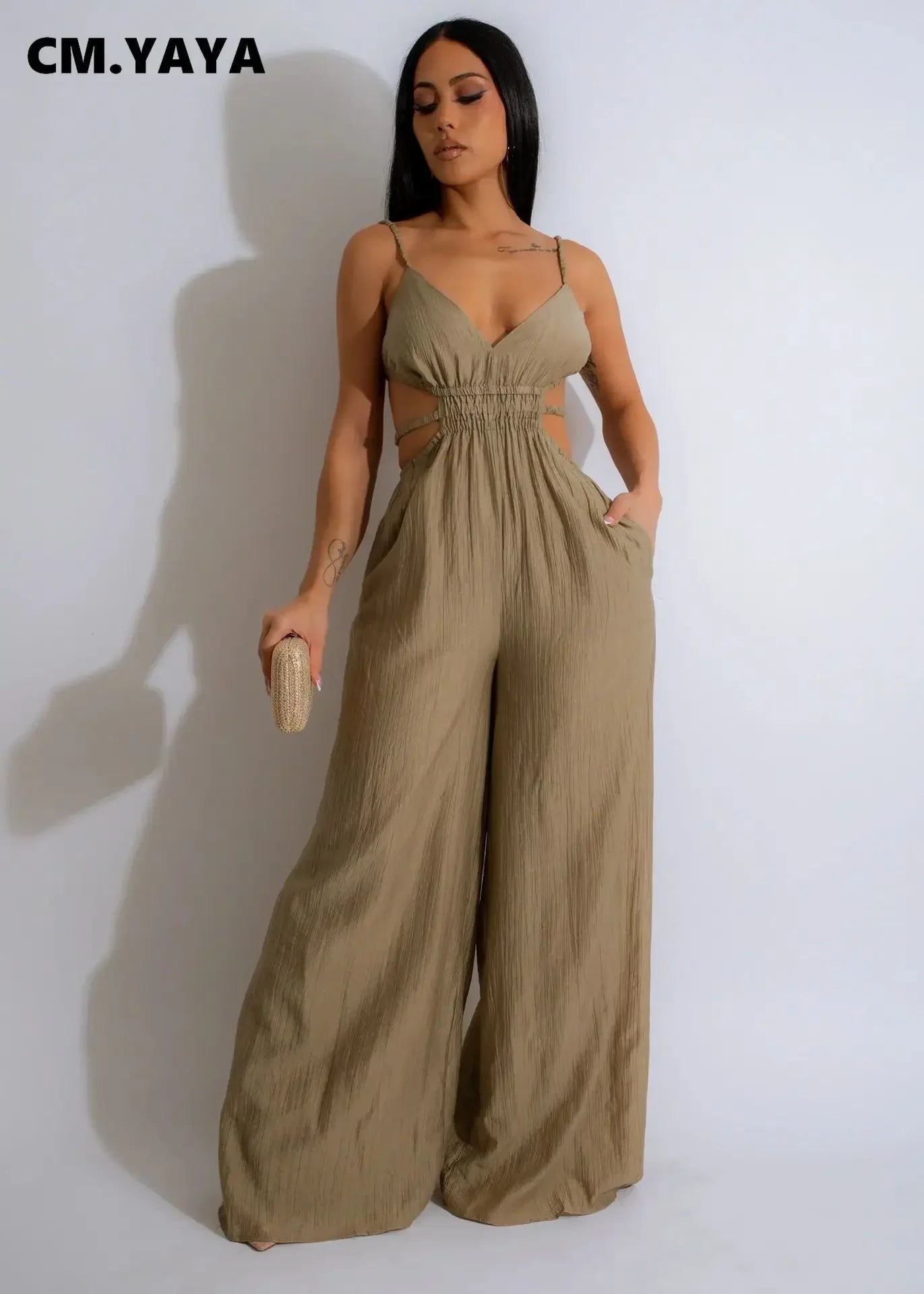 CM.YAYA Women Sleeveless Strap V-neck Backless Wide Leg Long Jumpsuits 2025 Summer Beach Night Club Street Sexy Outfit Rompers