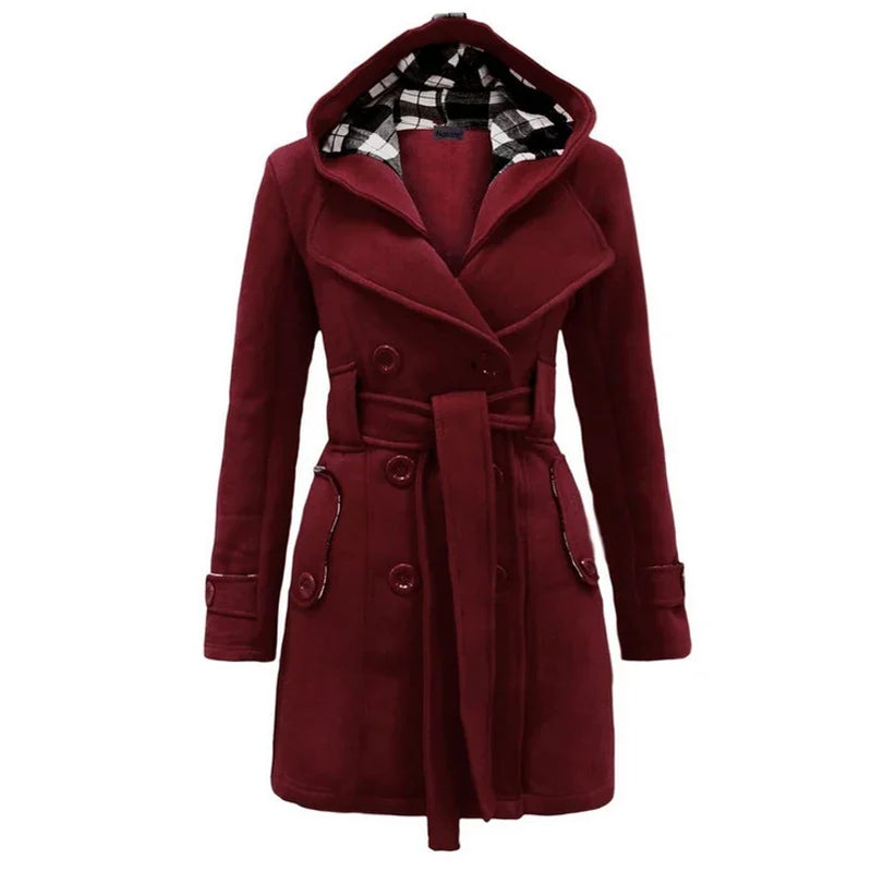 Vintage Woolen Coat Women Warm Fleece Jacket With Belts Double Breasted Solid Casual Jacket Winter Fashion Ladies Plus Size Red wine