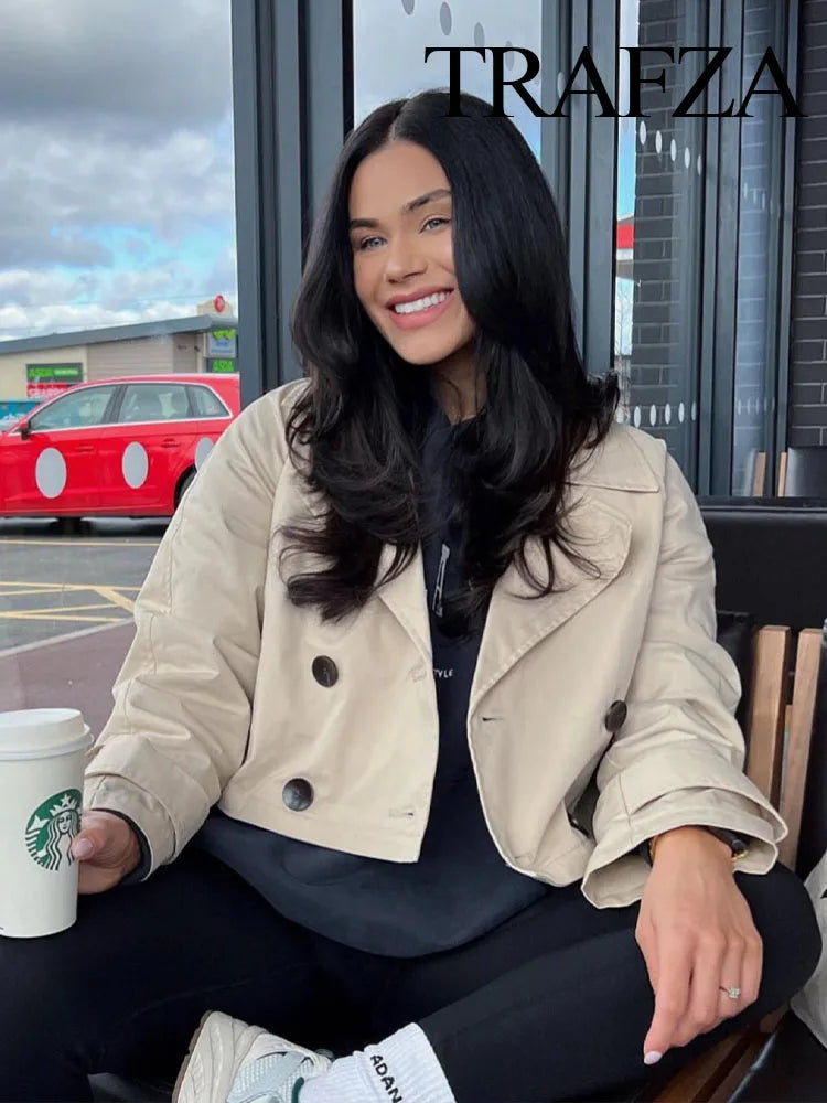 Autumn Short Windbreaker Women's Jacket TRAF Elegant Loose Retro Double-Breasted Windproof Lady Long-Sleeved Jacket