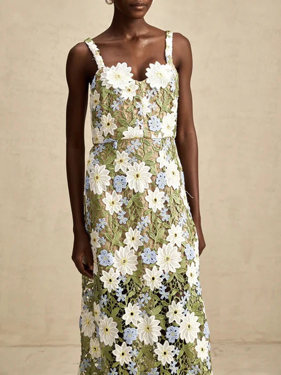 TWOTWINSTYLE Colorblock Slimming Fashion Midi Dresses for Women Square Neck Sleeveless Patchwork Applique Dress Female Clothing