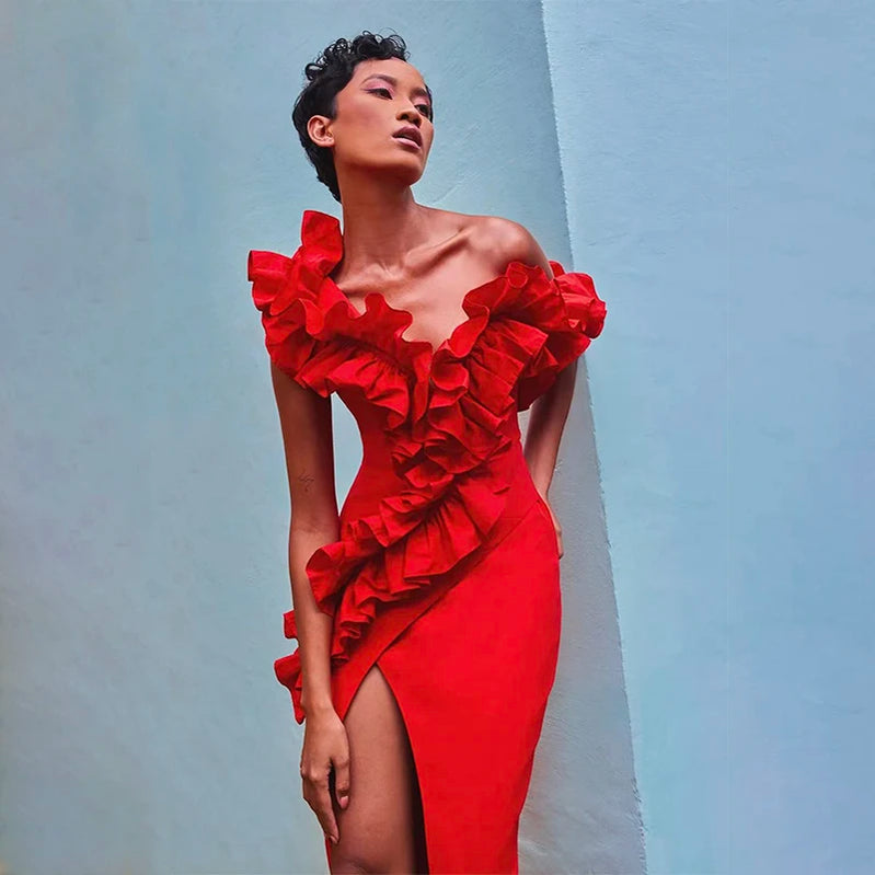 Red Black Women Sleeveless Sexy Off the Shoulder Ruffles Bodycon Long Bandage Dress Nightclub Party Celebrate Cocktail Dress