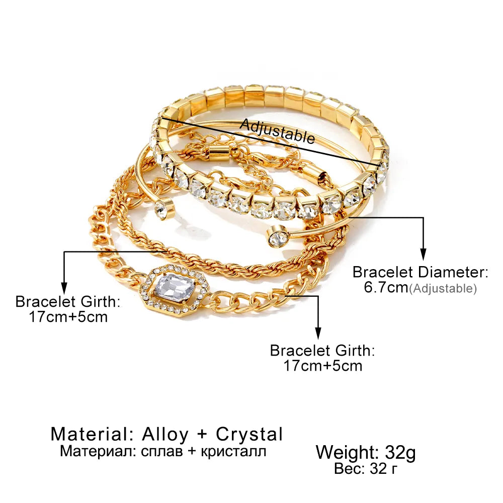4 Piece Set Luxurious Bracelets for Women Crystal Shiny Adjustable Opening Chain Bracelets Punk Bangle Fashion Jewelry