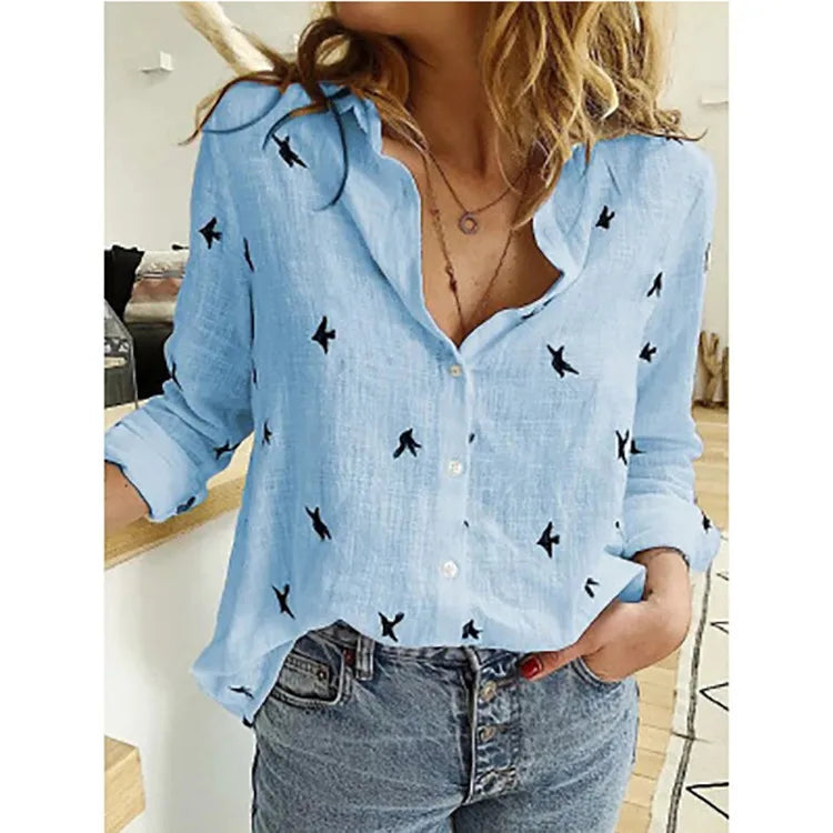 Women Casual Long Sleeve Cotton Linen Loose Shirt Elegant Solid Harajuku Lapel Blouse Vintage Oversize Tops Y2K Streetwear Tunic Birds Print Blue