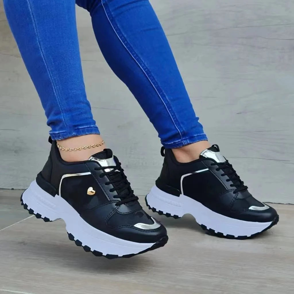 Spring autumn new low top shallow mouth thick bottom tie round head Fashion Female Lace Up casual sports shoes woman black