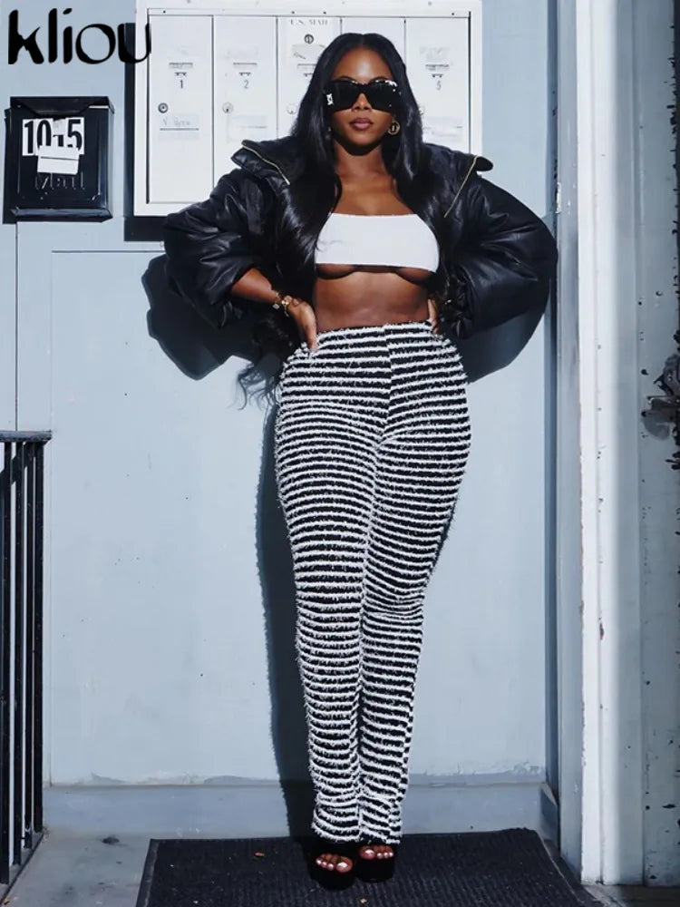 Panelled Stacked Pants Women Autumn Casual Fluffy Slight Stretch Knitted Trousers Girl Hipster Classic All-matched Bottoms