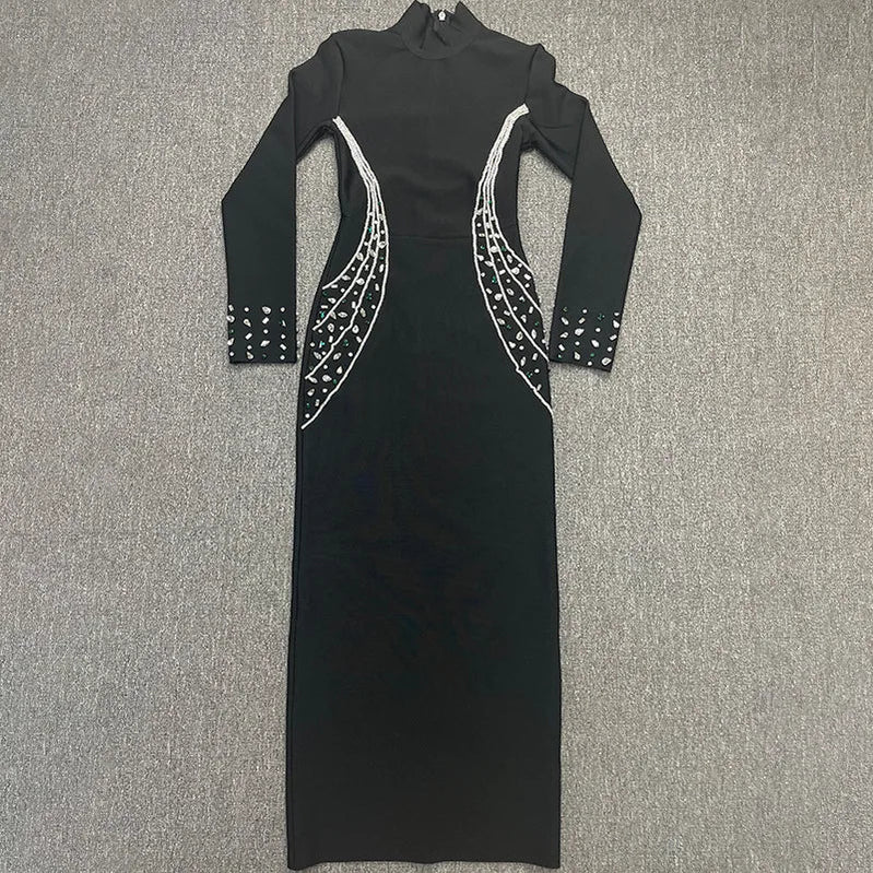 Black White Color Women Long Sleeve Shinning Rhinestones Bodycon Long Bandage Dress Evening Party Celebrate Outfit Vestido