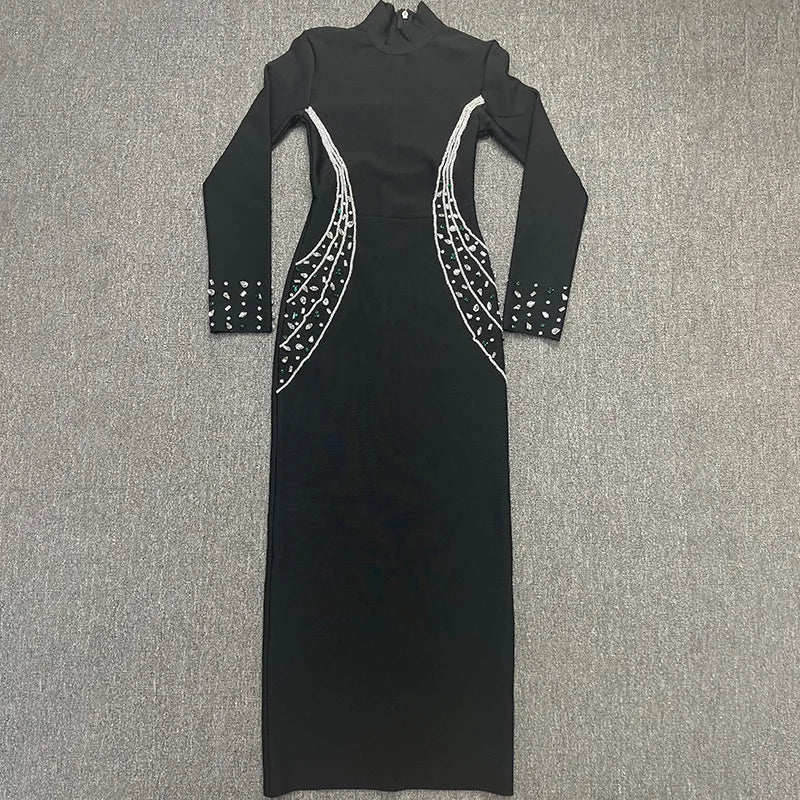 Black White Color Women Long Sleeve Shinning Rhinestones Bodycon Long Bandage Dress Evening Party Celebrate Outfit Vestido