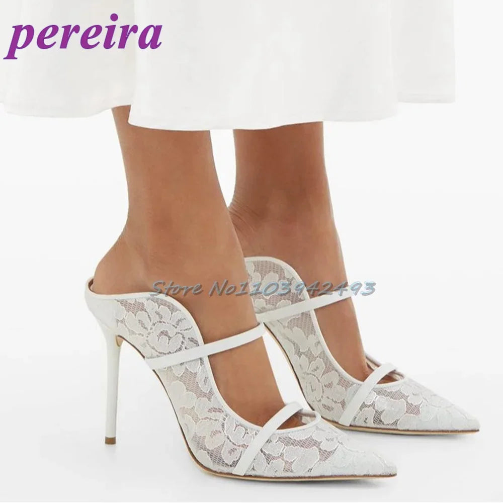 White Mesh Print Heeled Sandals Pointed Toe Strappy High Heels Women Luxury Designer Shoes Wedding Pull On Sandalias De Mujer