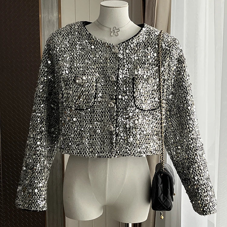 Korean Fashion Sequin Coat Women Long Sleeve Single Breasted Loose Outwears Jacket Autumn Winter New Clothes