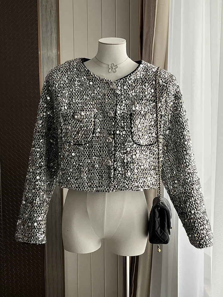 Korean Fashion Sequin Coat Women Long Sleeve Single Breasted Loose Outwears Jacket Autumn Winter New Clothes