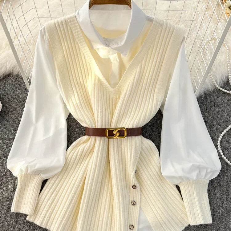 Loose White Shirt Long Sleeve Top Women's Belt Slit Knit Vest Korean Fashion Two Piece Set for Women Blouse Spring New Apricot color