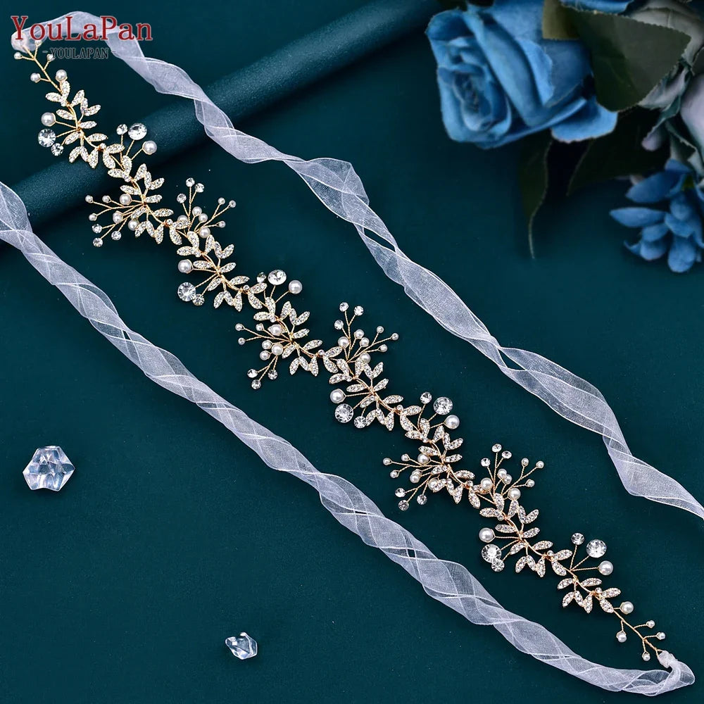 YouLaPan Rhinestone Wedding Dress Sash Belt Alloy Leaf Bridal Belts Women Robe Evening Gown Belt Wedding Accessories SH233 gold
