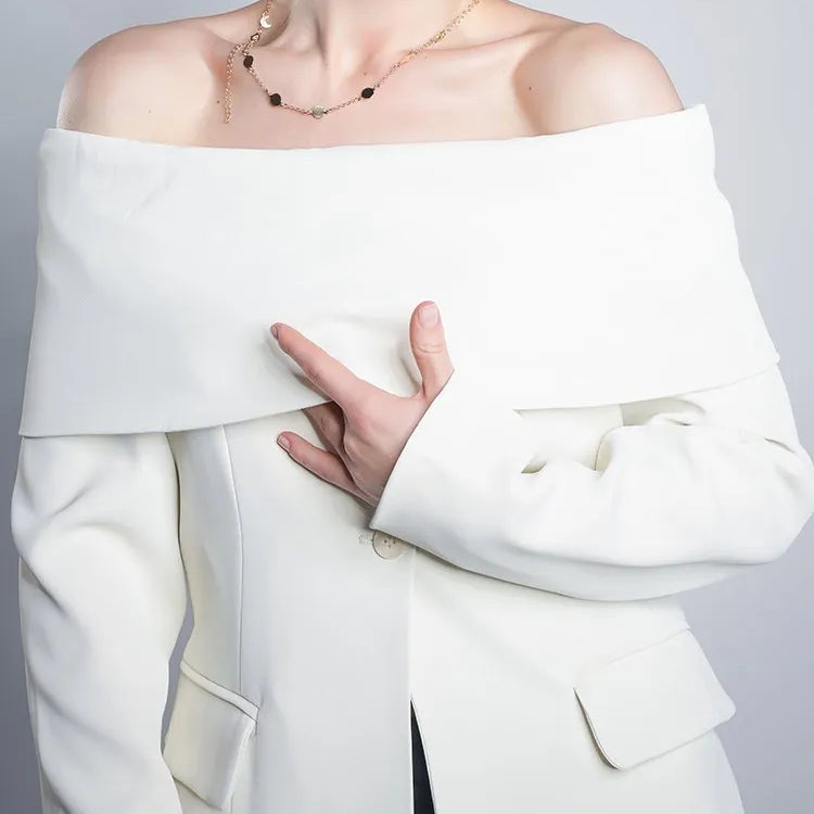 TWOTWINSTYLE Solid Temperament Blazers For Women Slash Neck Long Sleeve Patchwork Pocket Minimalist Slim Blazer Female Fashion