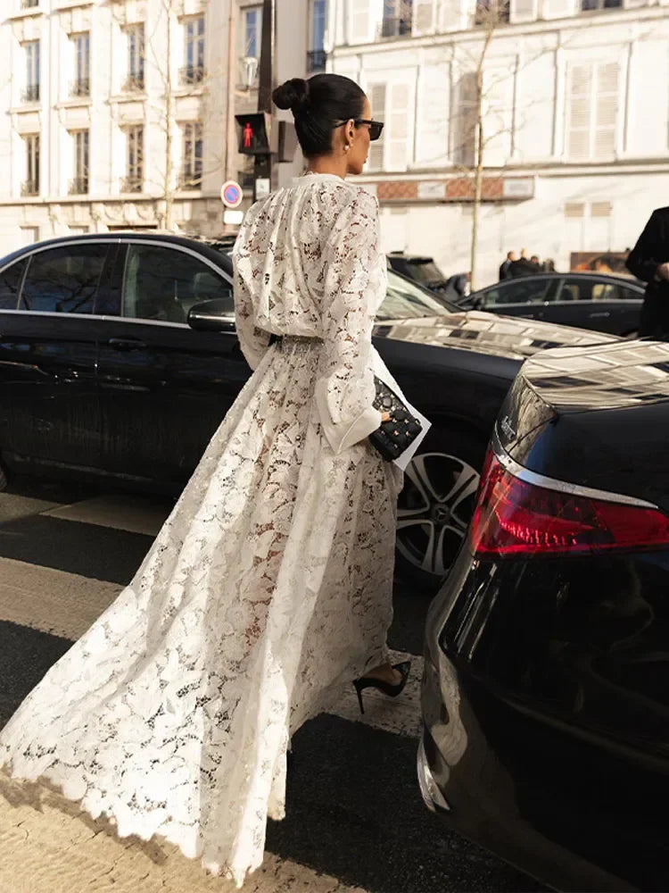 Spring Solid Lace Hollow Out Maxi Dress Women Fashion Lapel Long Sleeves Slim Dresses Elegant Female Party Club Robes