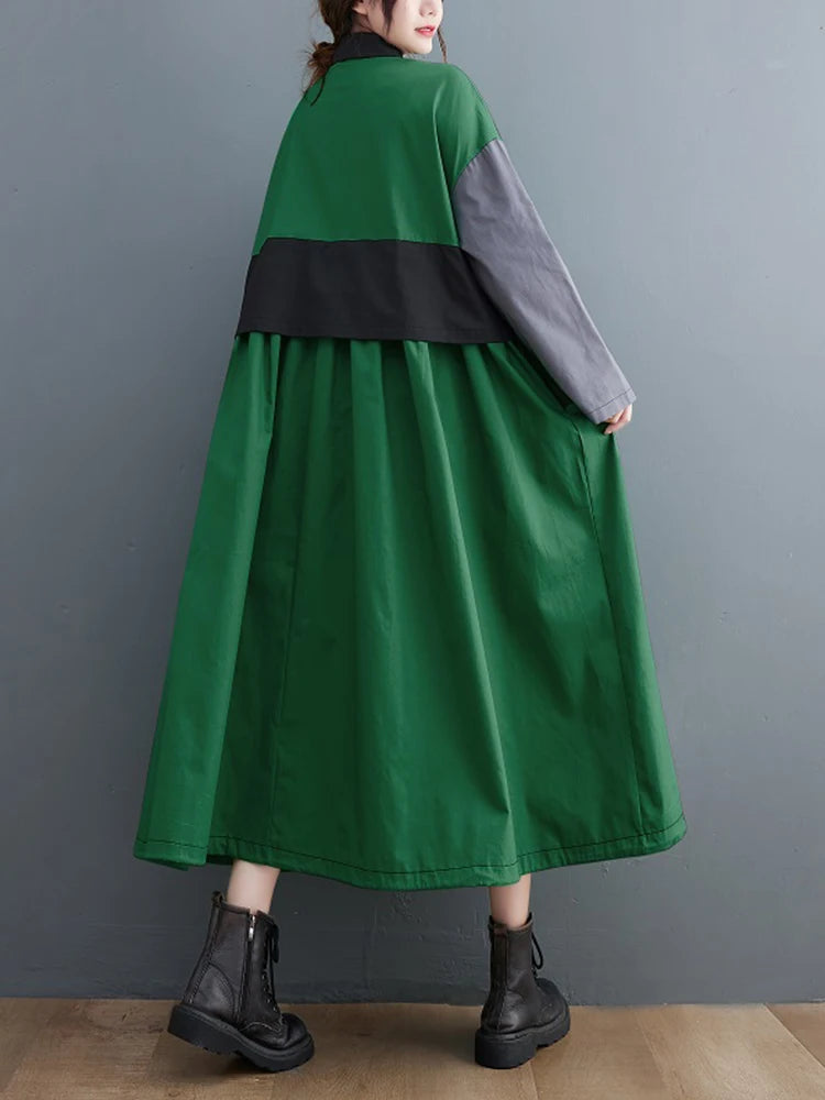 Patchwork Shirt Dresses For Women's Autumn Spring Minority Y2k Contrast big size Dress With Long Sleeve