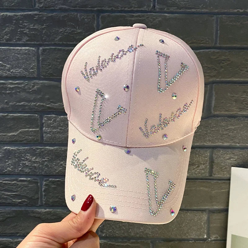 Women with Diamond Hat Spring and Autumn Sun Protection Cap Small Letter Rhinestones Summer Fashion Baseball Cap - Basso & Brooke