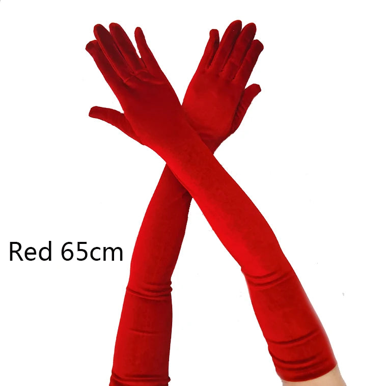 53CM Women Golden Velvet Long Autumn Winter Warm Black Evening Dress Etiquette Gloves Retro Style Banquet Accessories Elasticity red 65cm One Size