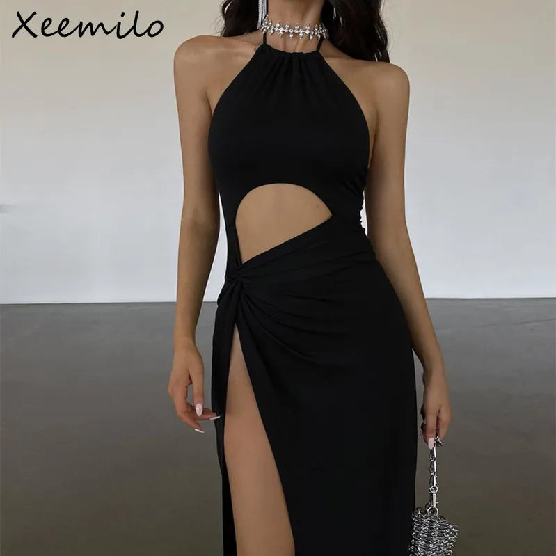 Sexy Prom Party Schwarzes langes Kleid elegante Taille hohl aus geteilte Sommerkleider Mode Rückenfreie Schnüre -up Frauen Robe