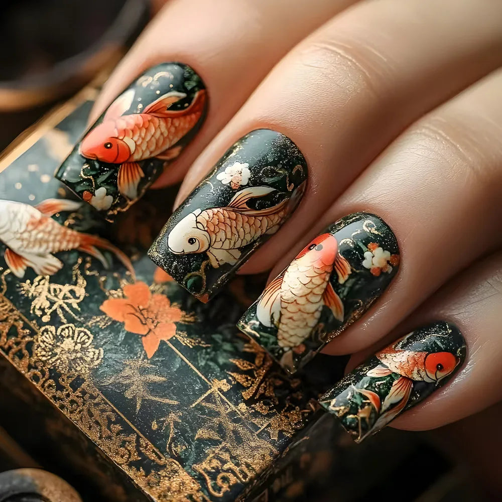 24Pcs Long Blue Fake Nails with Jelly Glue Full Cover Ocean Sunrise Press on Nails Detachable Acrylic Fashion Finished Manicure