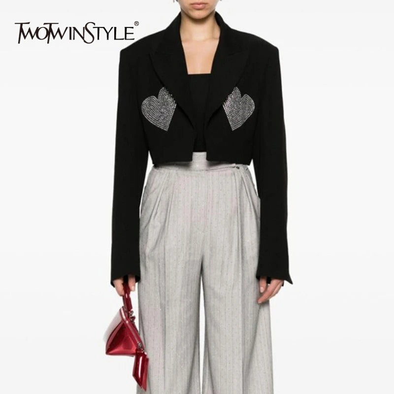 TWOTWINSTYLE Solid Slimming Spliced Stick Drill Short Jackets for Women Lapel Long Sleeves Temperament Jacket Female Clothing