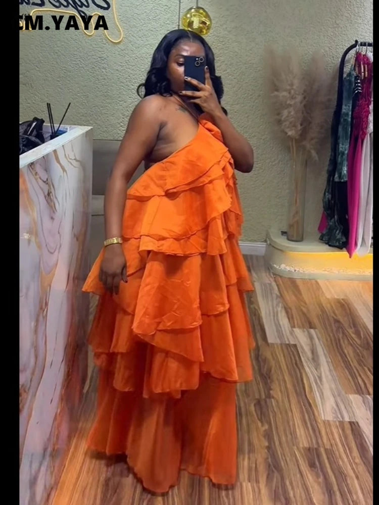 CM.YAYA Women Sleeveless Ruffles Loose Ball Gown Smock Strap Maxi Long Sexy Dress 2025 Birthday Vacation Party Dresses Vestidos