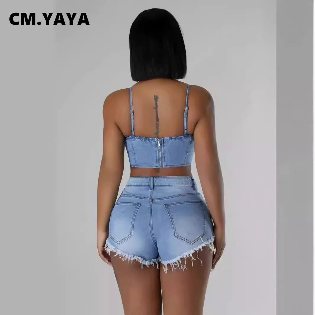 CM.YAYA Women Set Denim Strapless Pearl Beading Top + shorts Sets Street Casual Two 2 Piece Set Sexy Party Outfit 2024 Summer