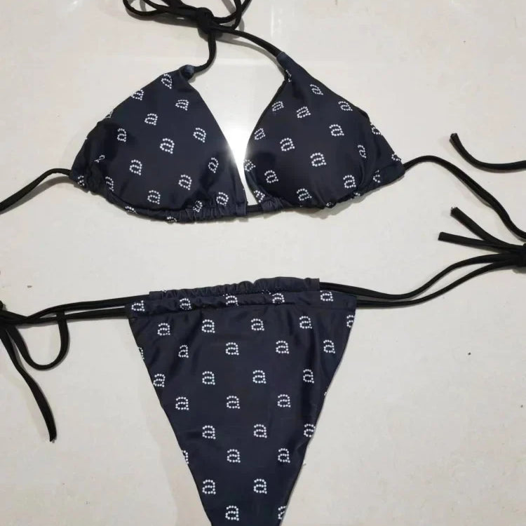 Luxury Brand Designer Printed Swimsuit Wang Women's Bikini Beach Style Sexy Briefs Thong Swimsuit Biquini Bandage Swimsuit Black
