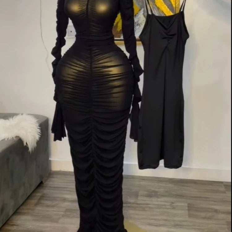 CM.YAYA Women Flare Long Sleeve Stacked Ruched Mesh See Though with Tank Dress Maxi Long Dress 2025 Birthday Sexy Party Dresses