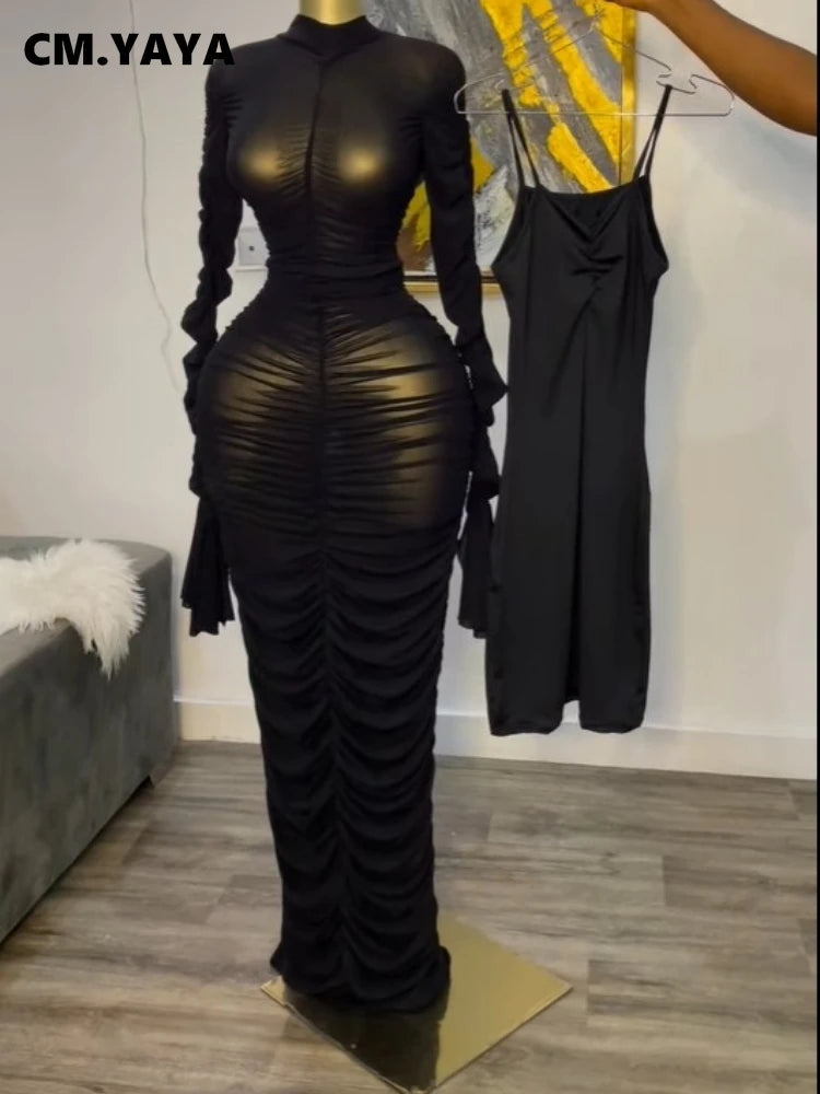 CM.YAYA Women Flare Long Sleeve Stacked Ruched Mesh See Though with Tank Dress Maxi Long Dress 2025 Birthday Sexy Party Dresses