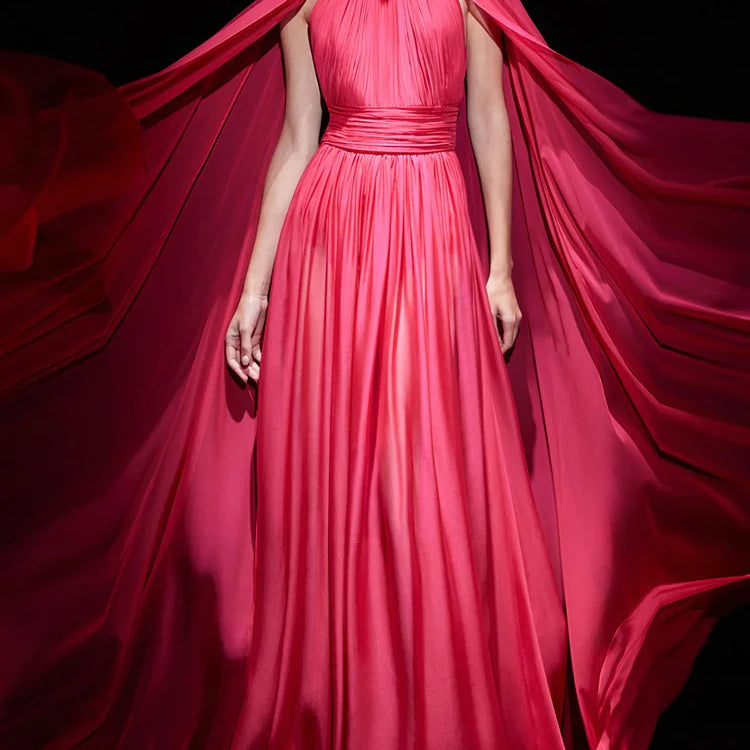 2025 New Arrival Red Color Women Fashion Cloak Sleeve Slim Floor-length Dress Elegant Eveening Party Celebrate Prom Outfit