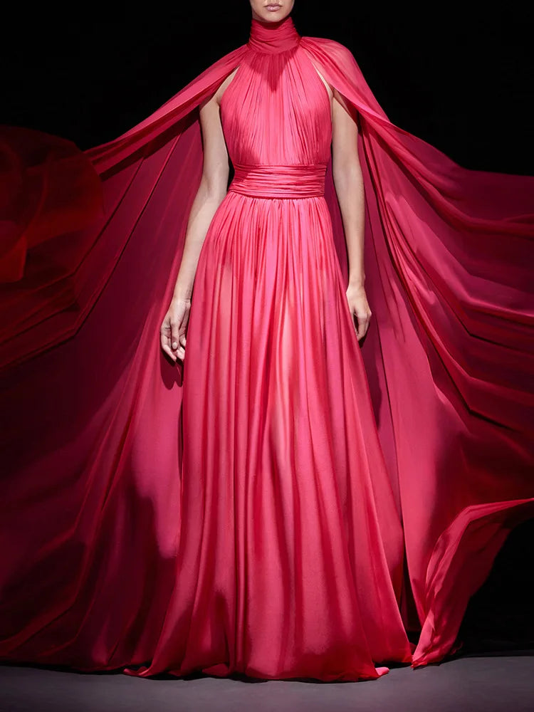 2025 New Arrival Red Color Women Fashion Cloak Sleeve Slim Floor-length Dress Elegant Eveening Party Celebrate Prom Outfit