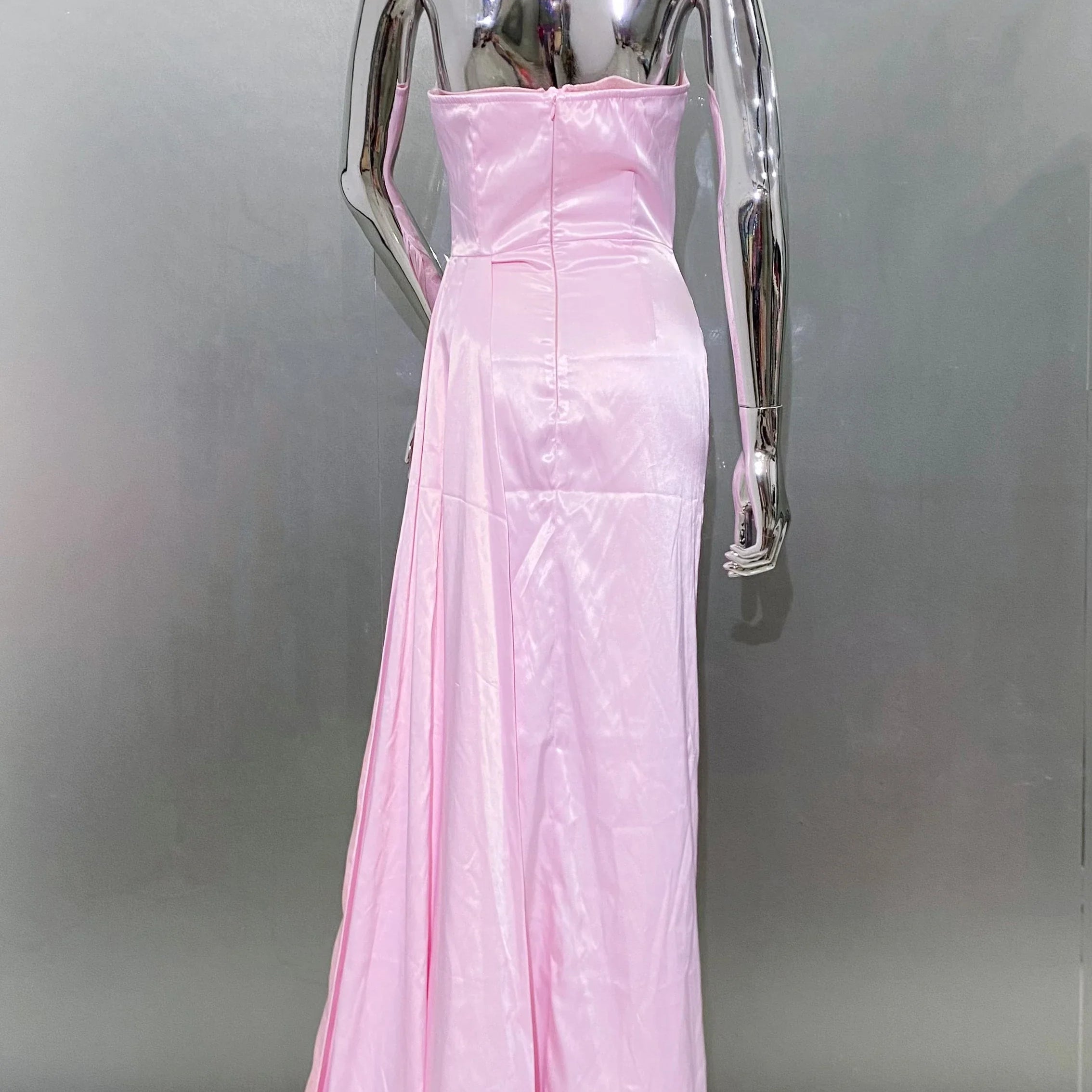 Pink Color Women Sexy Strapless Shinning Crystal Satin Bodycon High Split Dress Sweet Birthday Party Valentine's Day Dress