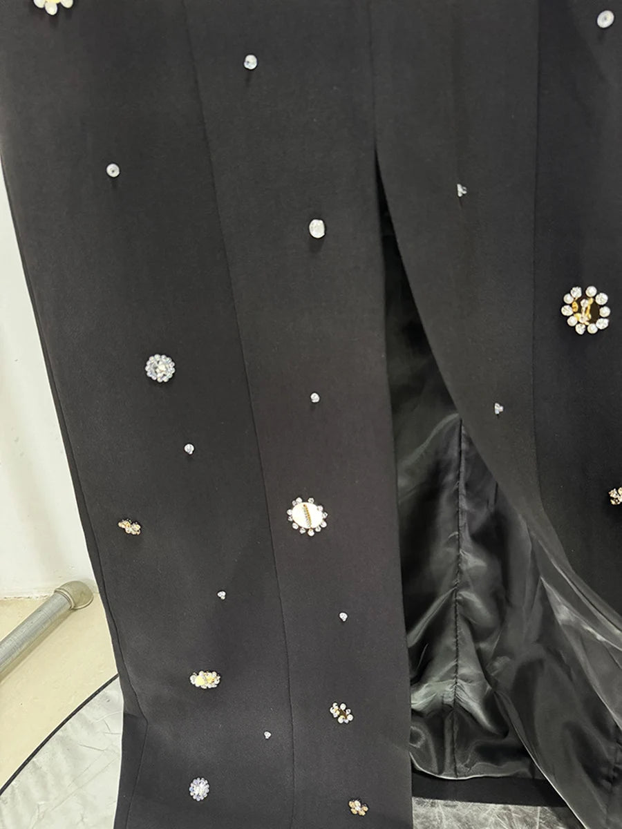 TWOTWINSTYLE Hit Color Spliced Bead Luxurious Dresses for Women Round Neck Long Sleeve Patchwork Wave Point Elegant Dress Female