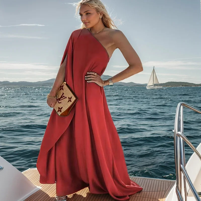 Temperament Elegant Off Shoulder Boho Long Party Dress Women Sexy One Shoulder Loose Evening Dress Fashion Button Solid Dresses Style 6