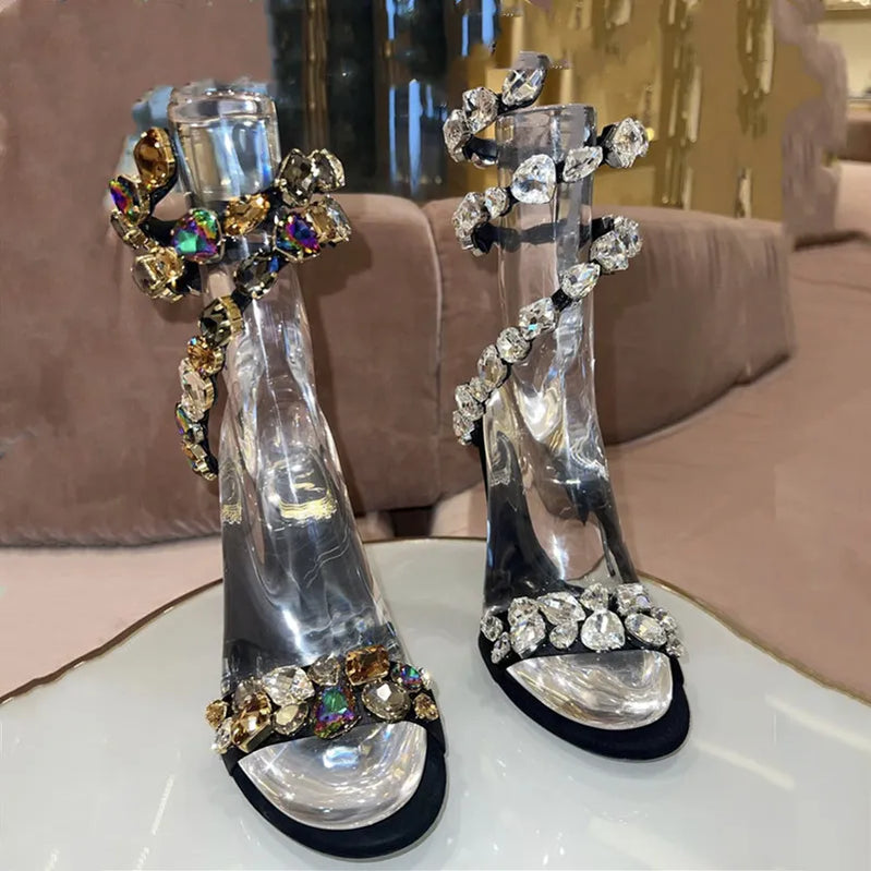 Women's High Heel Sandals Fashion Colored Diamond Snake Party Banquet Water Diamond Slim High Heels