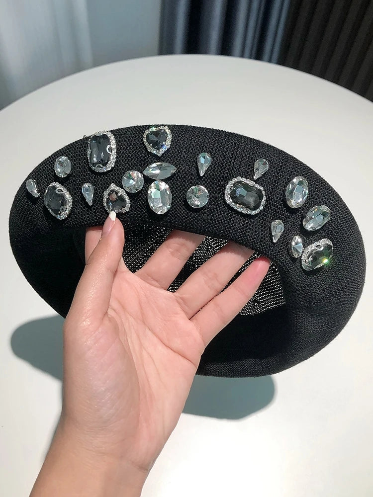 Berets Women Hat Brimless Stretchy Comfortable Rhinestone Y2K Cap Autumn Female Flat Color Cotton