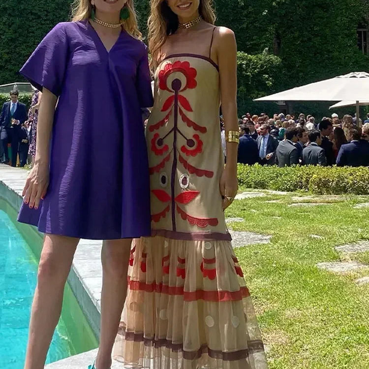 Elegant Print Mesh Ruffles Long Dress For Women Chic Spaghetti Strap Sleeveless Backless Vestidos Lady Holiday Party Robe