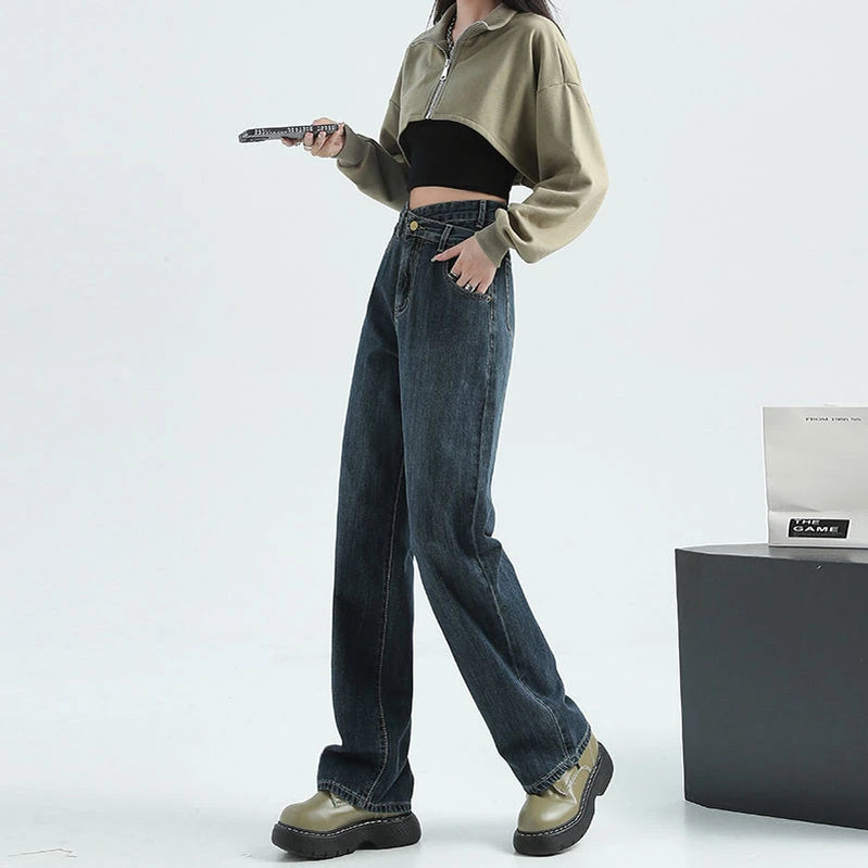 Autumn Winter New Women High Waist Jeans American High Street Straight Tube Woman Jeans Blue Gray Slant Button Women Pants