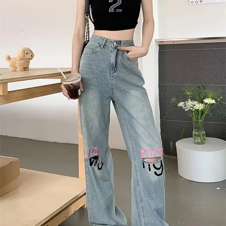 Y2K American Retro Gothic High Waist Perforated Women's Summer New High Street Loose Letter Embroidered Wide Legs
